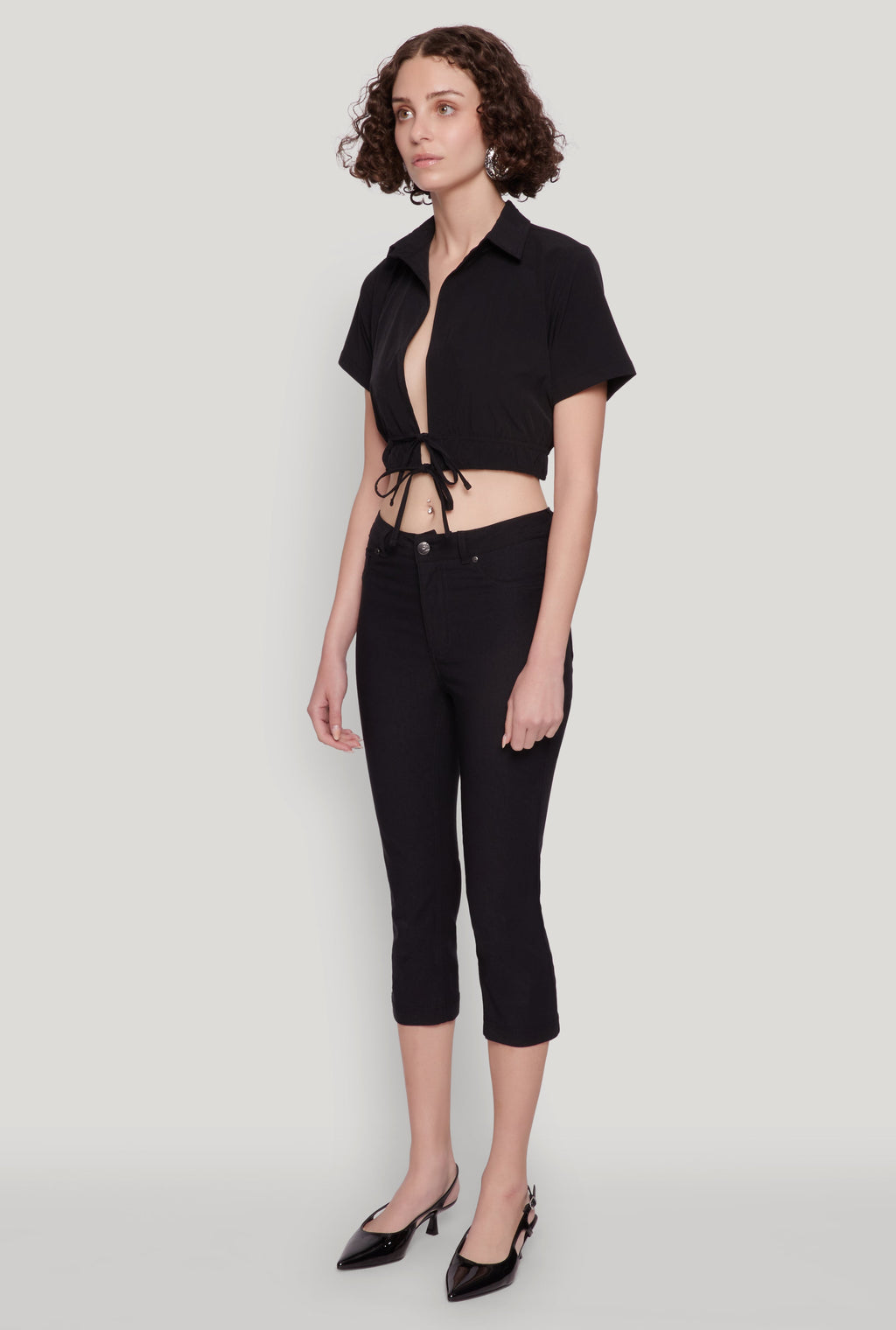 Open Tie Front Cropped Shirt