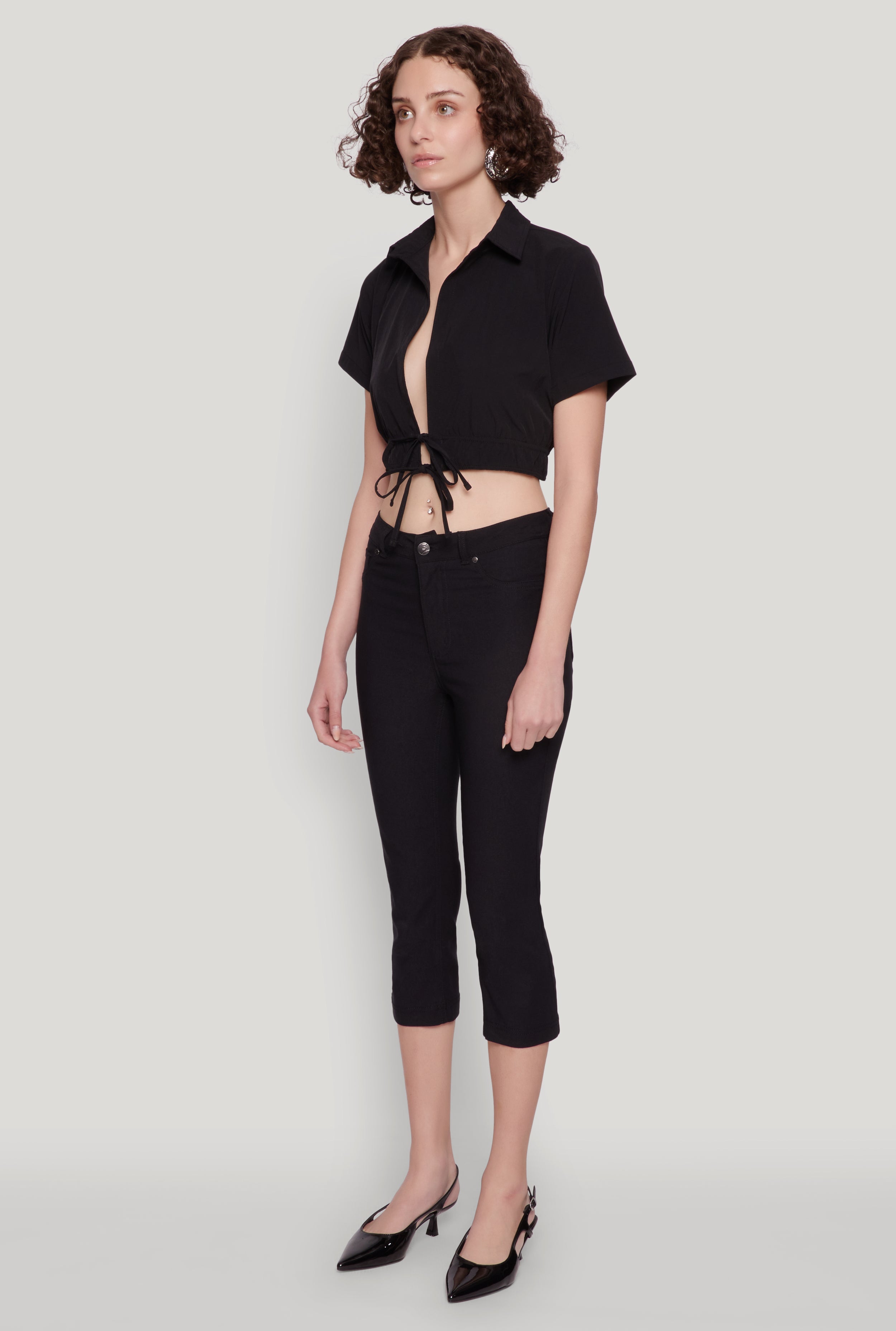 Open Tie Front Cropped Shirt