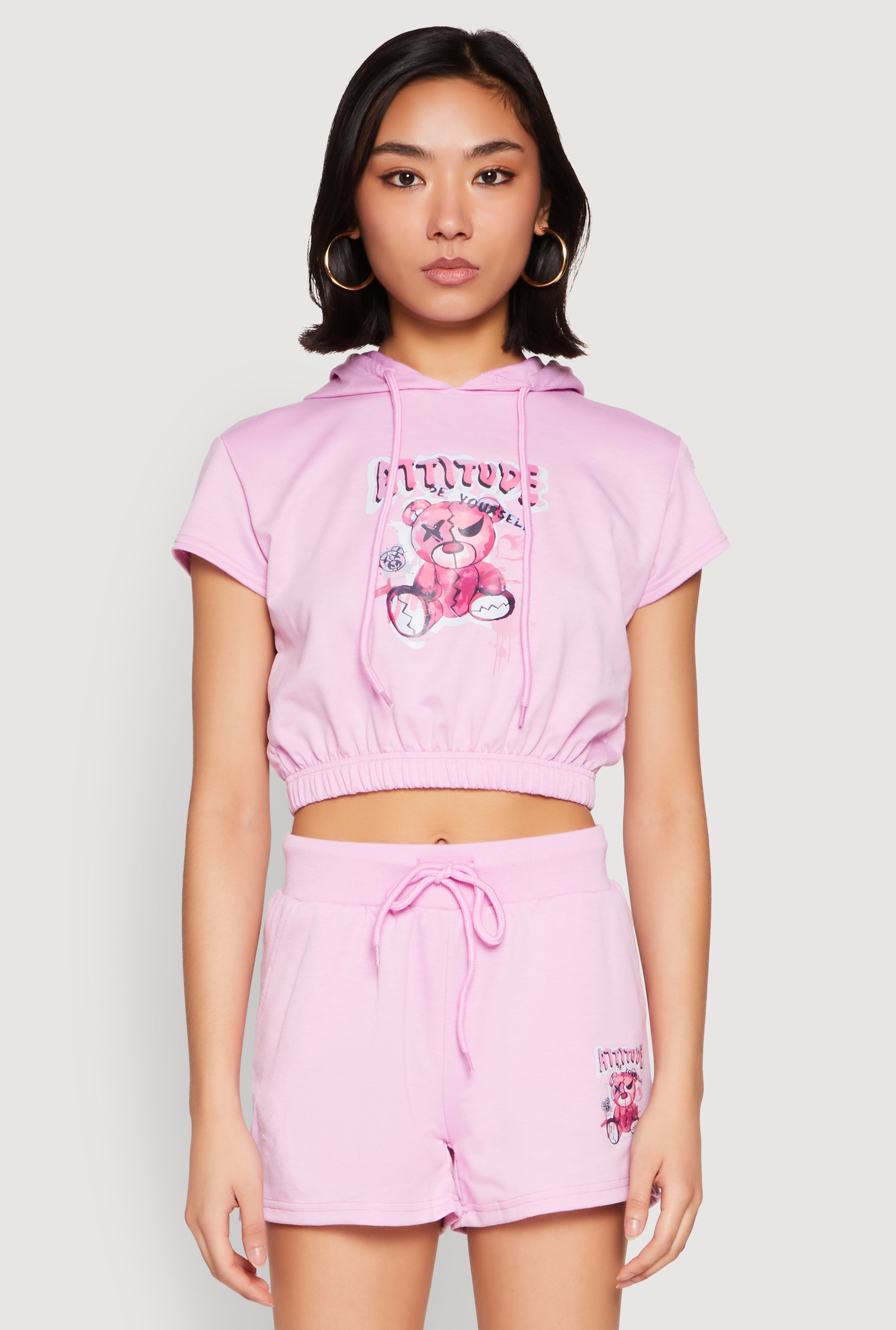 French Terry Bear Graphic Cropped Hoodie