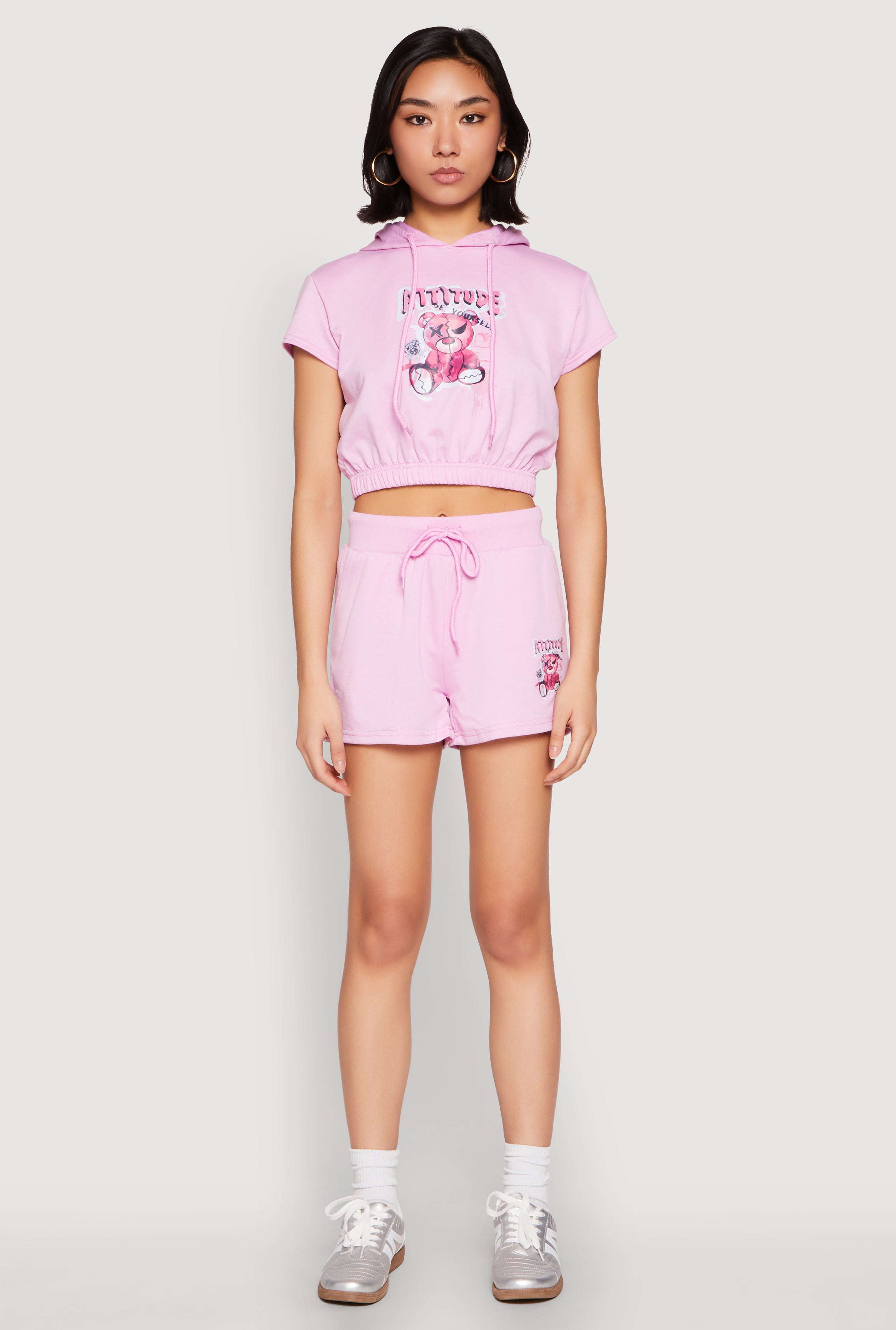 French Terry Bear Graphic Cropped Hoodie