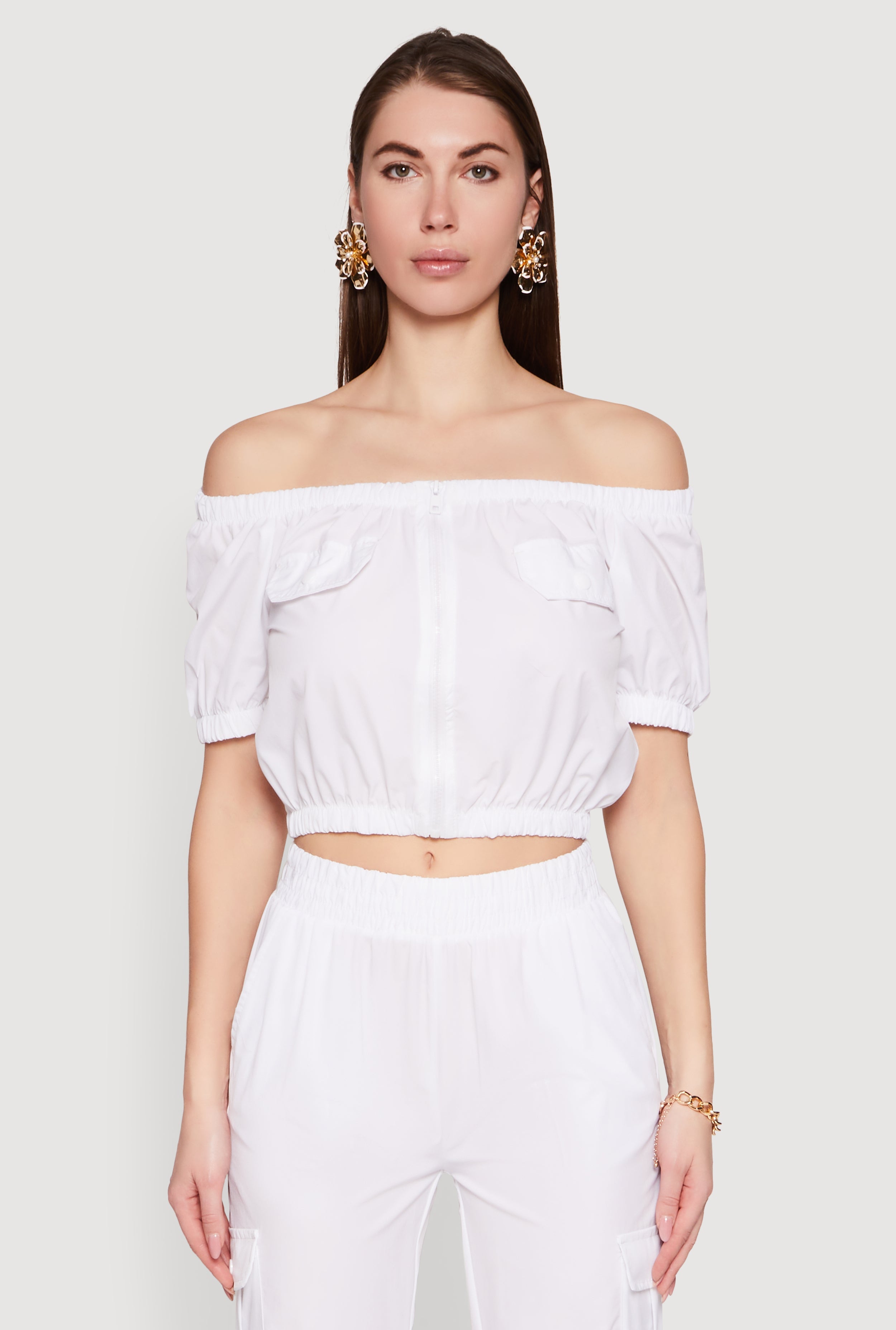 Puff Sleeve Zip Front Crop Top