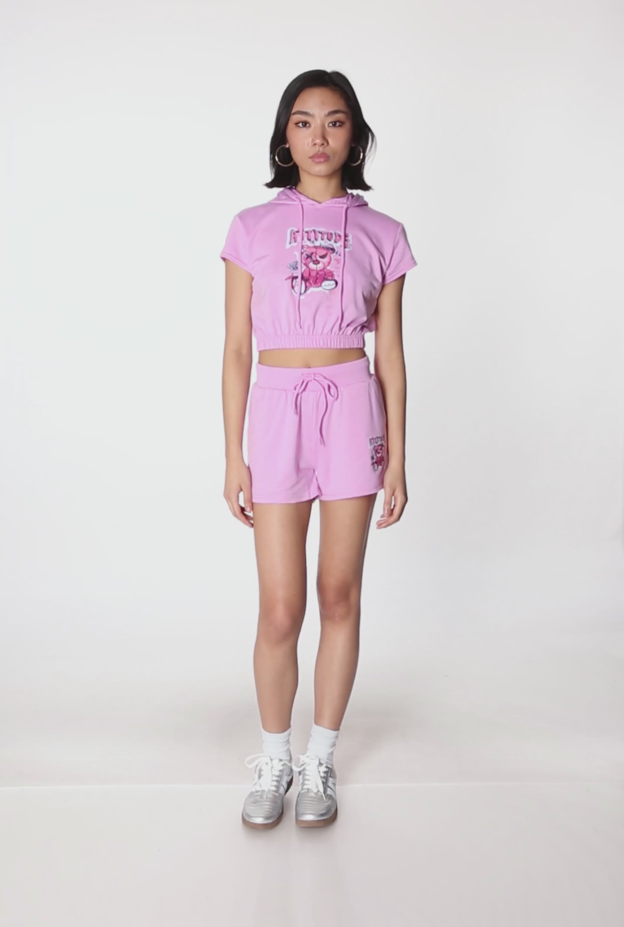 French Terry Bear Graphic Cropped Hoodie